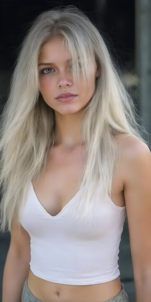 a (((beautiful young girl, perfect curved body))), with flowing, (((soft long straight white hair))). She is dressed in a sleek, (white cropped short tank top, deep v-neck), photograph, stands in the street, black backdrop, perfect light and shadows