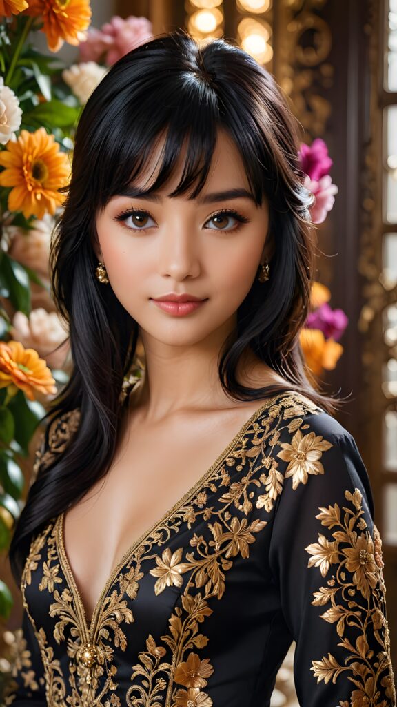 a (((beautiful young girl with jet-black hair and side bangs))), her facial features highlighted by (((shades of brown))), softly contrasting against her delicate complexion, her eyes framed by long, defined lashes and a playful smile, dressed in a (((dress with intricate, ornate patterns))), its hue a rich and vivid shade that complements her skin tone, with a girl’s face popping up behind her, its features drawn in (((realistic beauty))), and around them, (((lush, vibrant flowers))) have bloomed, their petals shining like jewels amidst a backdrop of (deep, luxurious tones)