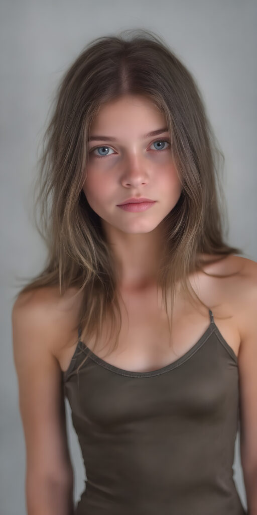 a (((beautiful busty teen girl with long brown jet hair, with captivating bright (light blue eyes) that exude warm and vitality, dressed in a ((camouflage leotard)), adorned with delicate (((sequins))), all against a grey backdrop