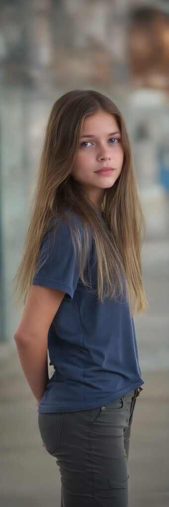 a (((beautiful young girl, perfect body, 15 years old))), with flowing, (((soft long straight brown hair))). (She is dressed in a sleek, ((blue short t-shirt)), long cargo pants), exuding just the right amount of youthful charm, photograph, full body side view