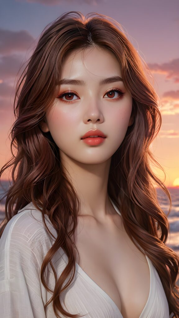 a (((beautiful little korean girl))) with (((glowing white skin))), (((rosy cheek))), (((shiny eyes))), thin (((light brown hair)) flowing down her back, (((small mouth))), (((rosy lips))), (((dark red eyes))), (((detailed face))), (((detailed eyes))), (((loose thin long wavy hair))), (((lost in wonder))) ((cropped tank top support her perfect body))