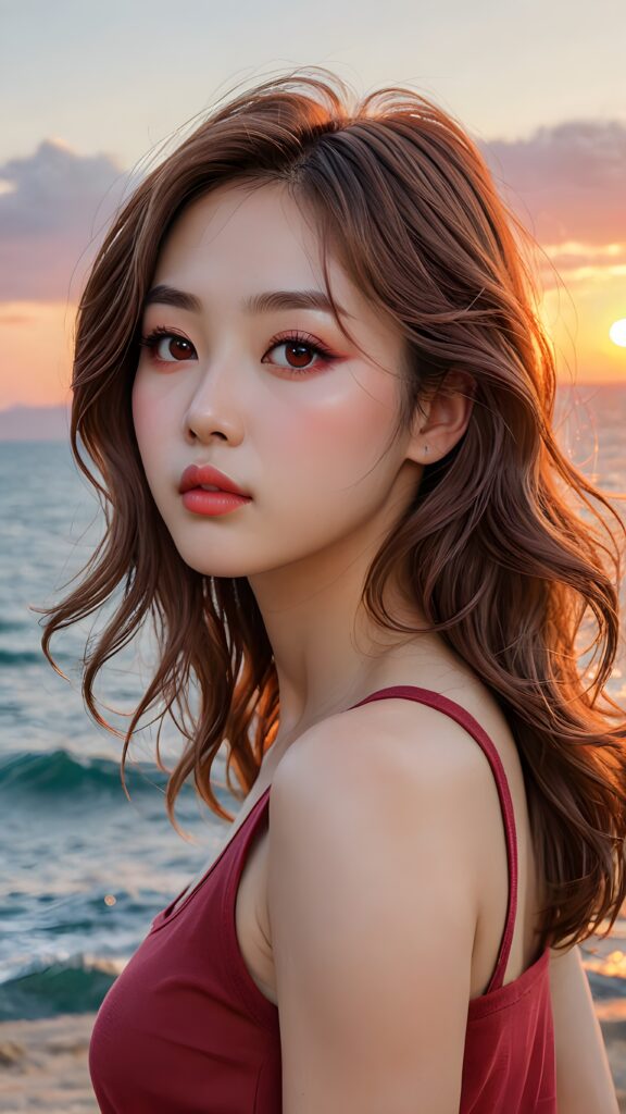 a (((beautiful little korean girl))) with (((glowing white skin))), (((rosy cheek))), (((shiny eyes))), thin (((light brown hair)) flowing down her back, (((small mouth))), (((rosy lips))), (((dark red eyes))), (((detailed face))), (((detailed eyes))), (((loose thin long wavy hair))), (((lost in wonder))) ((cropped tank top support her perfect body))