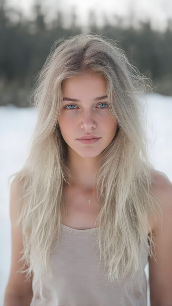 a (((beautiful girl with long, flowing white soft hair))), dressed in a ((comfortable tank top)) that complements her pale skin, giving off a cozy vibe. The shirt has a soft, slightly transparent quality, making it seem almost ethereal. She's posed in the snow, creating a sense of warmth and tranquility. Her hair is white. Full body view.