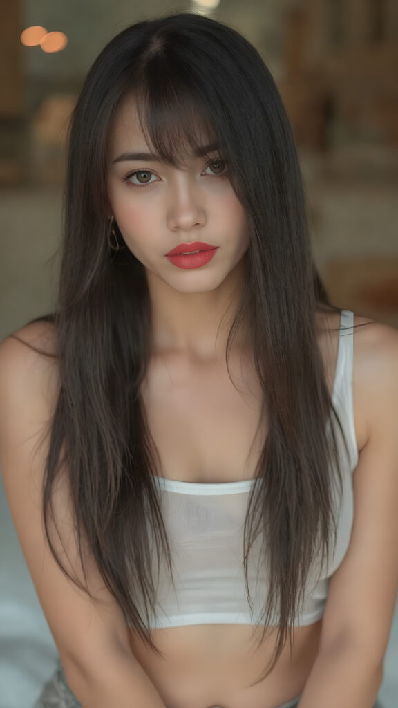 a (((beautiful exotic teen girl))), with long, straight, soft black hair framing her face, which is round and features (full, defined lips) that are painted in (deep red lipstick). She's dressed in a (very thin, short white crop tank top) that looks (perfectly fitted) against her body. The tank top shows off her ((perfect legs)), which are slender and sculpted like a model, paired with (seductively posed feet). She exudes an air of confidence and expertise