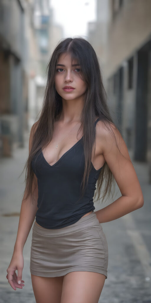 a (((beautiful young teenage girl, perfect curved body))), with flowing, (((soft long straight black hair))). She is dressed in a sleek, (tank top, deep v-neck and a short round mini skirt), photograph, stands in the street