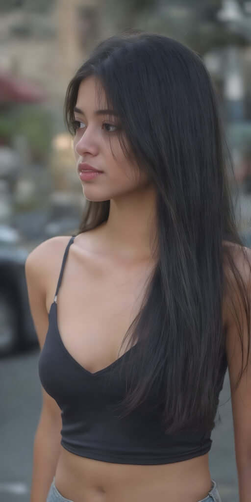 a (((beautiful young girl, perfect curved body))), with flowing, (((soft long straight obsidian black hair))). She is dressed in a sleek, (cropped short tank top, deep v-neck), photograph, stands in the street, side view