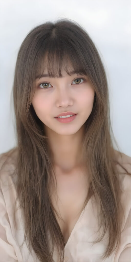 a (((beautiful, thoughtful and expressive cute adult Asian girl))), with (((softly curved long black straight hair, bangs))), natural (looking) light green eyes, and (delicate yet defined cheekbones), poised in a (seductively thoughtful pose) with a ((flawlessly matching set of pearly white teeth)) and elegantly draped ((natural looking)) light sheer draped garments, ((completely covering her front and back, and perfectly shaped to convey a sense of natural beauty)), against a (natural looking, detailed white backdrop), head is centered, her perfect hands plays with her hair