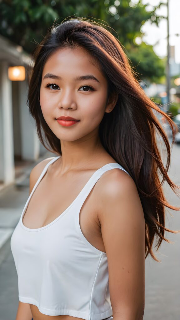 a beautiful (((filipino teen girl, 15 years old))), with long, flowing (((hair))), styled in a sleek, shiny, straight haircut with sharp, defined (((full lips))), emitting an ethereal glow that complements her otherwise natural features, dressed in a (((white cropped tank top))), poised confidently in a classic, casual setting, with her loosely curled red lips and a warm smile that exude cuteness