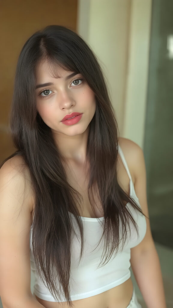 a (((beautiful exotic teen girl))), with long, straight, soft black hair framing her face, which is round and features (full, defined lips) that are painted in (deep red lipstick). She's dressed in a (very thin, short white crop tank top) that looks (perfectly fitted) against her body. The tank top shows off her ((perfect legs)), which are slender and sculpted like a model, paired with (seductively posed feet). She exudes an air of confidence and expertise