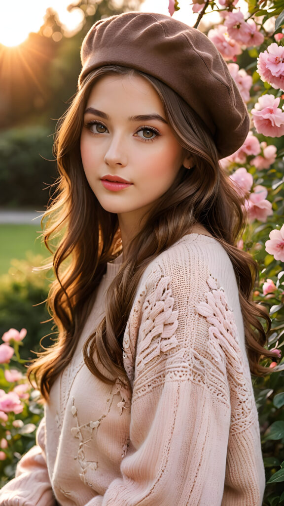 a (((beautiful girl with long, brown hair and gray eyes))), who exudes a distinct (((sharpness))), coupled with (((pale skin))) and (((vividly hued lips))) that curve into a (((wavy hairstyle))), dressed in a (((brown sweater))), a (((charming brown beret))) adorned with delicate, (((pink flowers))) and intricate patterns that reflect the (sunny park) backdrop, sitting calmly as she takes in the (((gorgeous sunset))), with an ethereal (((orange sunset cloud))). The scene radiates warmth and serenity