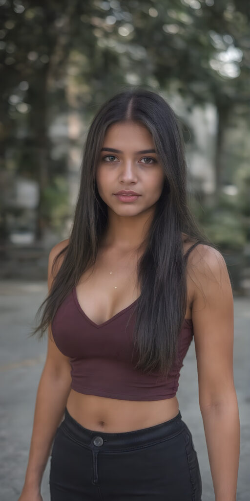 a (((beautiful young well busty teenage girl, perfect curved body))), with flowing, (((soft long straight black hair))). She is dressed in a sleek, (cropped tank top, deep v-neck), photograph, stands in the street