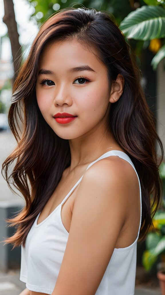 a beautiful (((filipino teen girl, 15 years old))), with long, flowing (((hair))), styled in a sleek, shiny, straight haircut with sharp, defined (((full lips))), emitting an ethereal glow that complements her otherwise natural features, dressed in a (((white cropped tank top))), poised confidently in a classic, casual setting, with her loosely curled red lips and a warm smile that exude cuteness