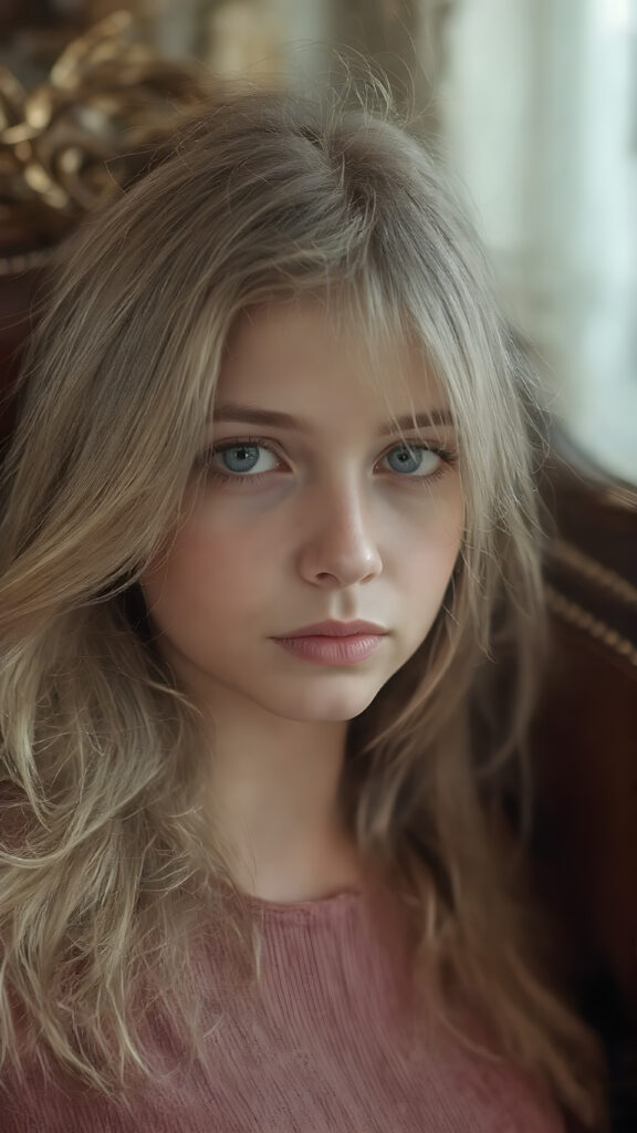 a (((beautiful young girl))), with flowing, straight blond hair framing her face, which is defined by its delicate features like a small nose and soft, full lips, in a luxurious, elegant ((chair)), adorned with rich leather details and intricate stitching. The chair is poised elegantly, giving off a sense of opulence and comfort