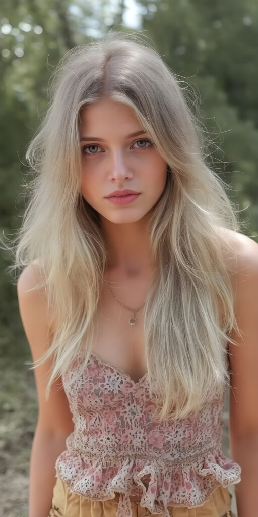 a (((beautiful girl, cute, with a sleek, yet delicate and petite physique, a youthful face with (sun-kissed) skin, and flowing, straight blonde hair, clad in (((hippie, retro 70s clothing))), exuding a sense of (hippieness) and (magnificence). Full body view, capturing a ((vintage, retro 70s vibe))