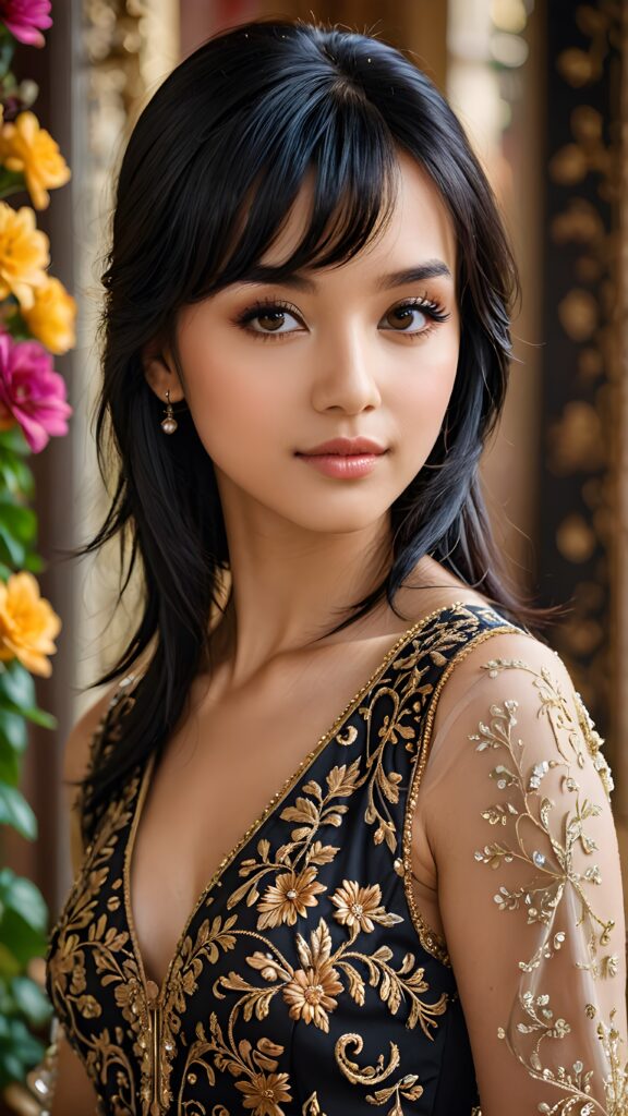 a (((beautiful young girl with jet-black hair and side bangs))), her facial features highlighted by (((shades of brown))), softly contrasting against her delicate complexion, her eyes framed by long, defined lashes and a playful smile, dressed in a (((dress with intricate, ornate patterns))), its hue a rich and vivid shade that complements her skin tone, with a girl’s face popping up behind her, its features drawn in (((realistic beauty))), and around them, (((lush, vibrant flowers))) have bloomed, their petals shining like jewels amidst a backdrop of (deep, luxurious tones)