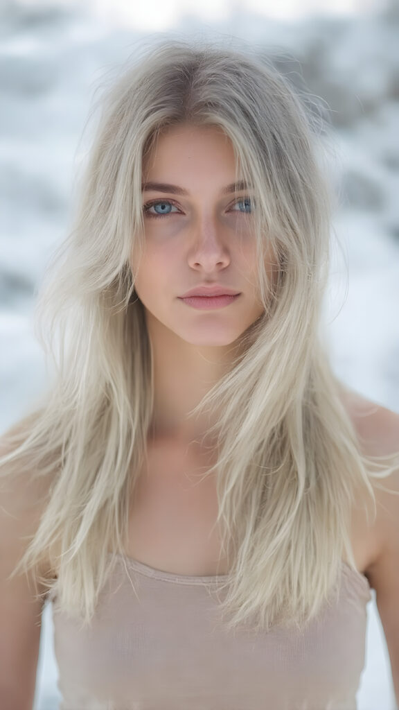 a (((beautiful girl with long, flowing white soft hair))), dressed in a ((comfortable tank top)) that complements her pale skin, giving off a cozy vibe. The shirt has a soft, slightly transparent quality, making it seem almost ethereal. She's posed in the snow, creating a sense of warmth and tranquility. Her hair is white. Full body view.