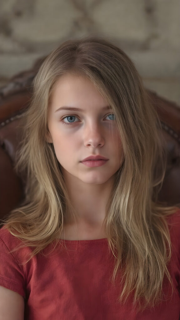 a (((beautiful young girl))), with flowing, straight blond hair framing her face, which is defined by its delicate features like a small nose and soft, full lips, in a luxurious, elegant ((chair)), adorned with rich leather details and intricate stitching. The chair is poised elegantly, giving off a sense of opulence and comfort