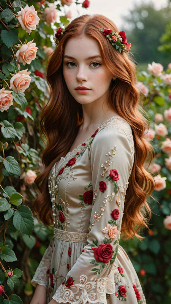 a (((beautiful oil portrait))), featuring a young girl with flowing (((long auburn hair))), intricate details drawn using shades of red wine grapes and vines interwoven with delicate ((roses)), her face captured in a serene expression, dressed in a luxurious ((long dress)) adorned with ornate patterns of roses