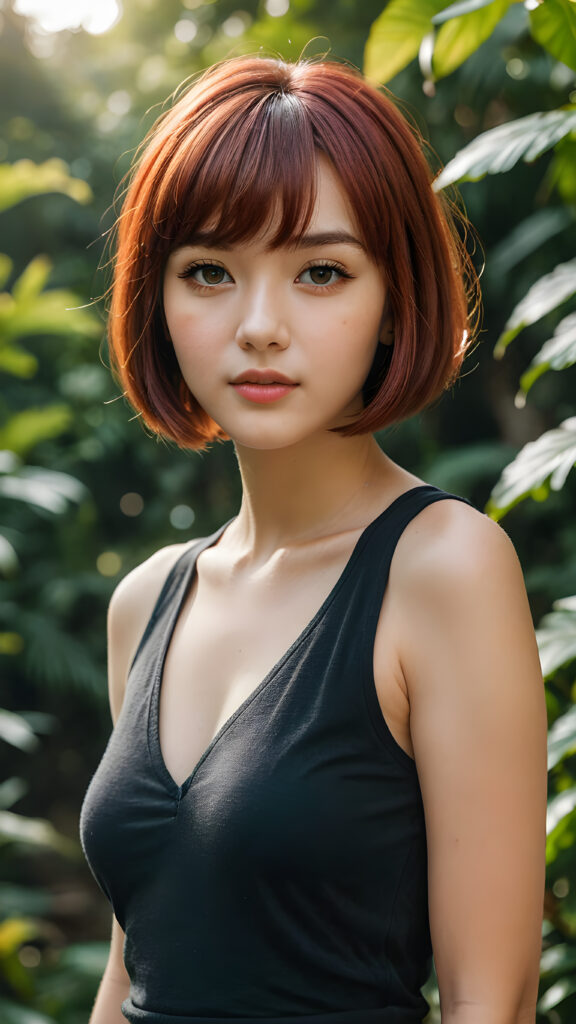 a (((beautiful girl))) with a (((bob cut hair style, bangs))), ((soft straight red hair)), accompanied by (((volumetric lighting))) that bring out the (masterpiece) details, all against a (natural green sunny backdrop) that focuses on the (face) and its intricate, (hyper-realistic) features, captures the essence of (digital art), ((black dressed in an short tank top))