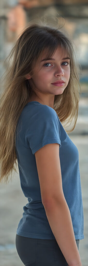 a (((beautiful young girl, perfect body, 15 years old))), with flowing, (((soft long straight brown hair))). (She is dressed in a sleek, ((blue short t-shirt)), long cargo pants), exuding just the right amount of youthful charm, photograph, full body side view