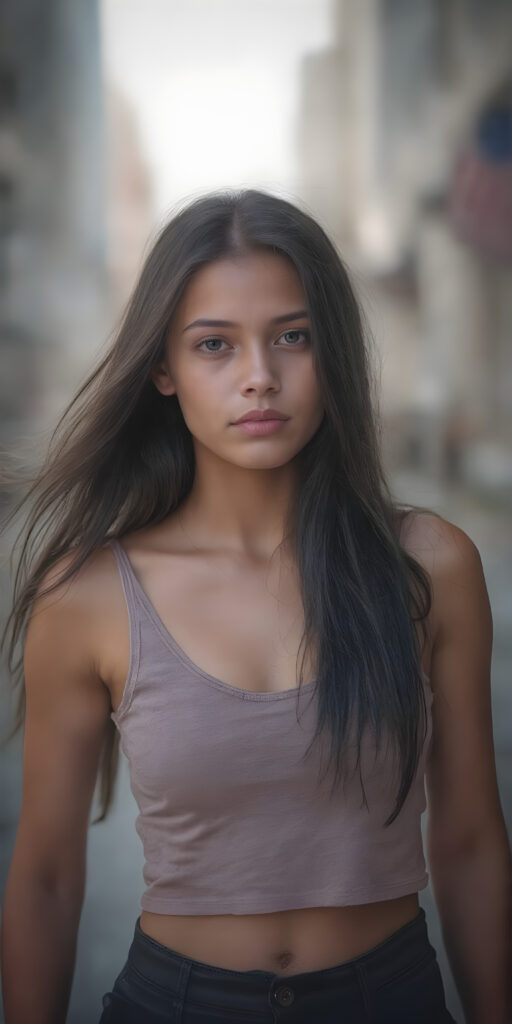 a (((beautiful young well busty teenage girl, perfect curved body))), with flowing, (((soft long straight black hair))). She is dressed in a sleek, (cropped tank top, deep v-neck), photograph, stands in the street