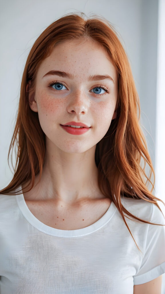 a beautiful (((teen girl))) ((fifteen years old)) ((realistic detailed round face)) ((beautiful eyes)) ((slender cheeks)) ((perfect teeth)) ((wears a super short tight (white t-shirt) made on thin silk)) ((perfect anatomy)) ((white background, side perspective)) ((cinematic lights)) ((long, soft copper-red hair)) ((red lips)) ((red nails)) ((bright blue eyes)) ((realistic detailed eyes)) ((slight smile)) ((freckles)) ((beautiful)) ((attractive)) ((stunning))