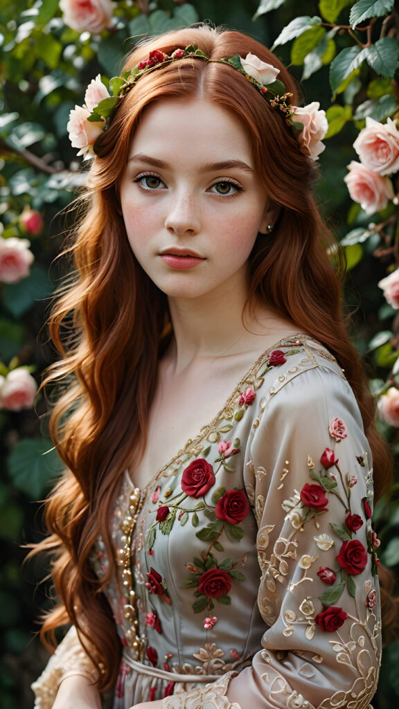 a (((beautiful oil portrait))), featuring a young girl with flowing (((long auburn hair))), intricate details drawn using shades of red wine grapes and vines interwoven with delicate ((roses)), her face captured in a serene expression, dressed in a luxurious ((long dress)) adorned with ornate patterns of roses