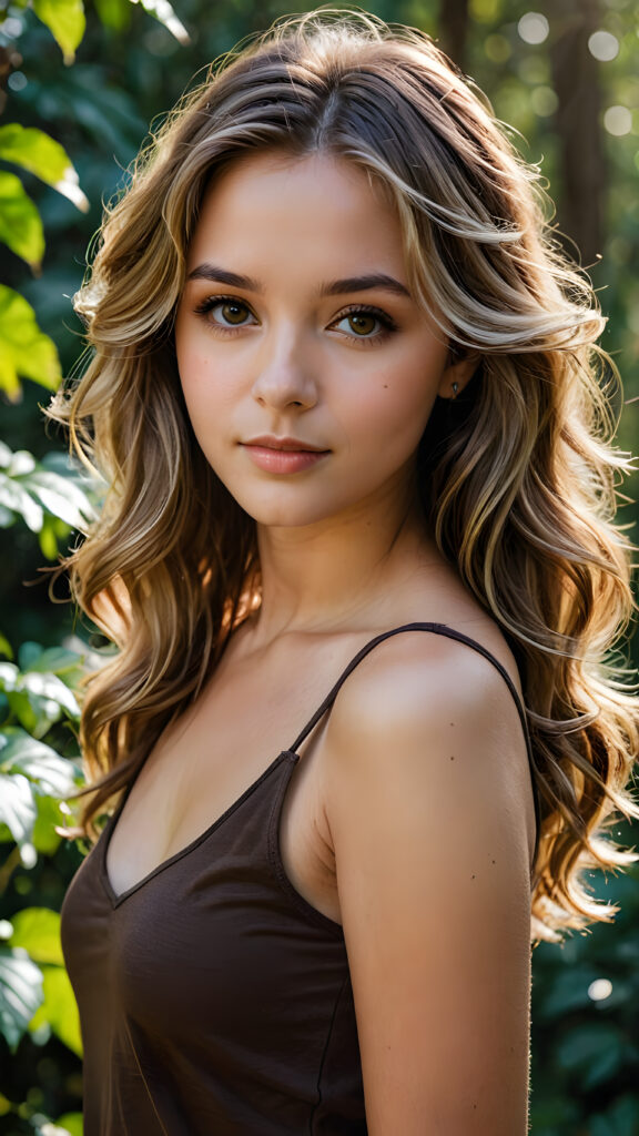 a beautiful (((girl))), with thin but defined figures, dressed in a short, sleeveless, ((dark brown t-shirt)), luxurious, flowing, long, dark blonde waves framing her gently angled face with soft, naturally wavy blonde hair and piercing, brown eyes, set against a backdrop of a (nature-filled) (HD photography) scene, with intricate details and vivid colors that capture the essence of a realistic and natural environment