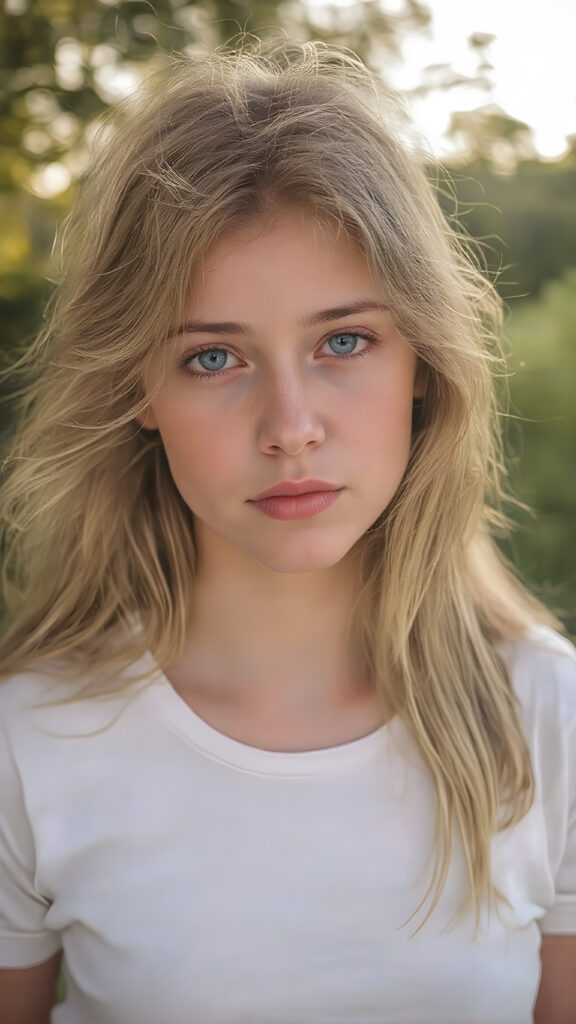 a (((beautiful young teen girl), with pale skin and (((long, high volume open wavy blond hair))), long eyelashes , purple eyes (dressed in a (((white cropped t-shirt))), (((amber eyes))), against a sunny backdrop, full body view