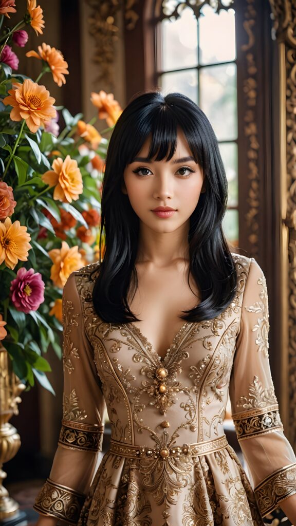 a (((beautiful young girl with jet-black hair and side bangs))), her facial features highlighted by (((shades of brown))), softly contrasting against her delicate complexion, her eyes framed by long, defined lashes and a playful smile, dressed in a (((dress with intricate, ornate patterns))), its hue a rich and vivid shade that complements her skin tone, with a girl’s face popping up behind her, its features drawn in (((realistic beauty))), and around them, (((lush, vibrant flowers))) have bloomed, their petals shining like jewels amidst a backdrop of (deep, luxurious tones)