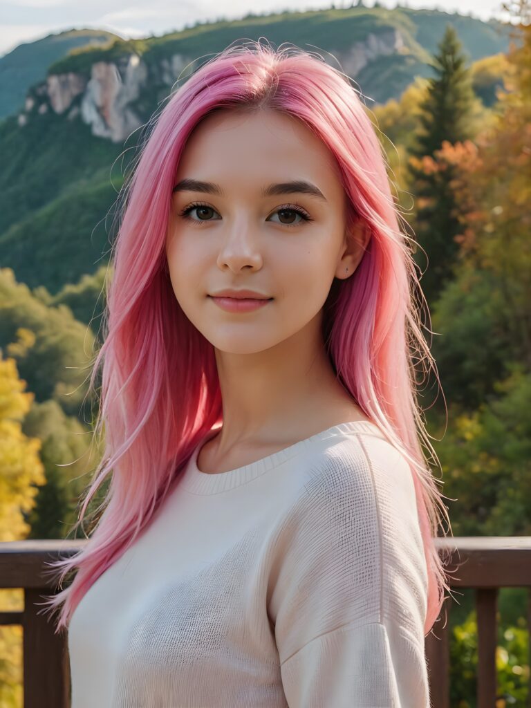 a beautiful (((pretty young teen girl))), with long, silky, shiny straight neon pink hair, wearing a thin, sweater, her hair extends beyond her shoulders, she looks cheerfully at the viewer, perfect curved body, natural backdrop