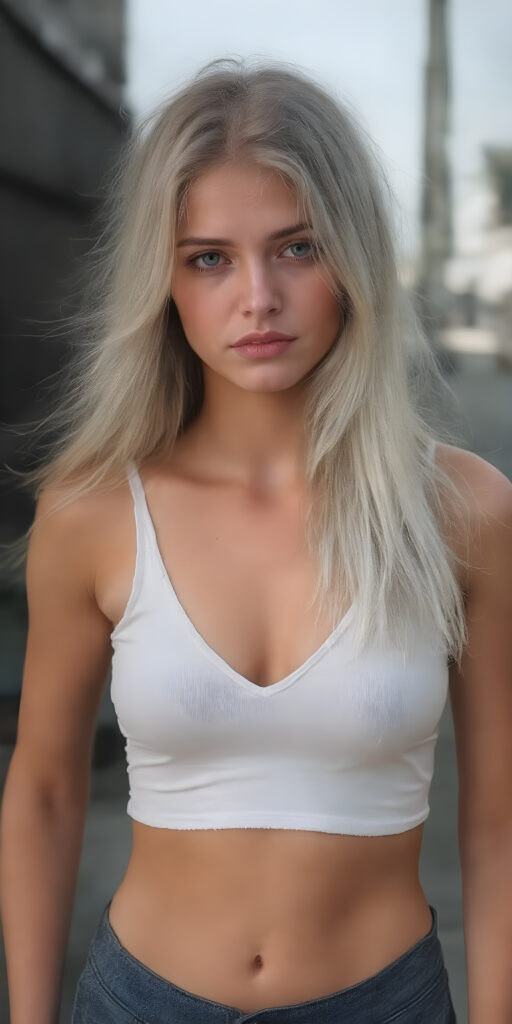 a (((beautiful young girl, perfect curved body))), with flowing, (((soft long straight white hair))). She is dressed in a sleek, (white cropped short tank top, deep v-neck), photograph, stands in the street, black backdrop, perfect light and shadows