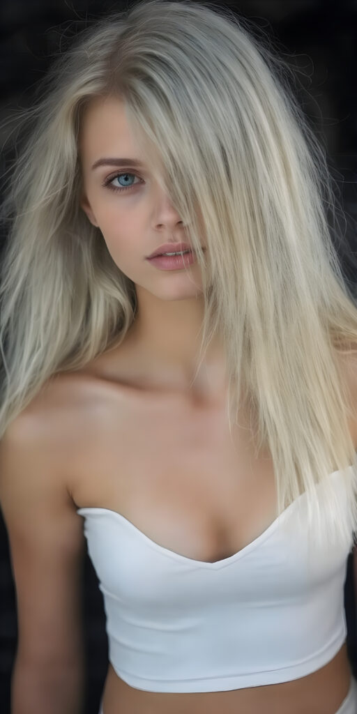 a (((beautiful young girl, perfect curved body))), with flowing, (((soft long straight white hair))). She is dressed in a sleek, (white cropped short tank top, deep v-neck), photograph, stands in the street, black backdrop, perfect light and shadows