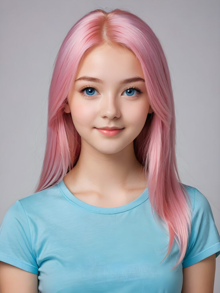 a beautiful (((pretty young girl))), with long, silky, shiny straight pink hair and bright blue eyes, wearing a thin, simple T-shirt. Her hair extends beyond her shoulders by about 5 cm. She looks cheerfully at the viewer