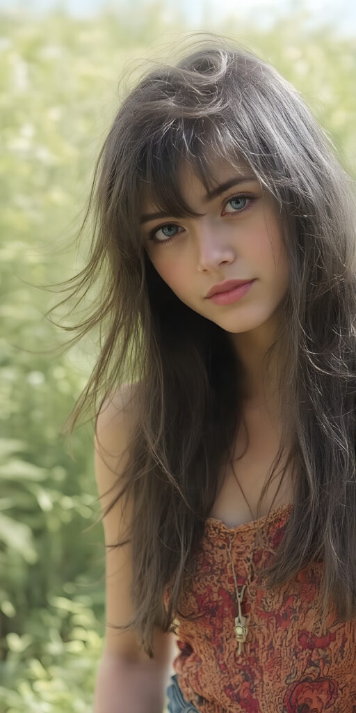 a (((beautiful girl, cute, with a sleek, yet delicate and petite physique, a youthful face with (sun-kissed) skin, and flowing, straight messy black hair, clad in (((hippie, retro 70s clothing))), exuding a sense of (hippieness) and (magnificence). Full body view, capturing a ((vintage, retro 70s vibe)), sunny green backdrop