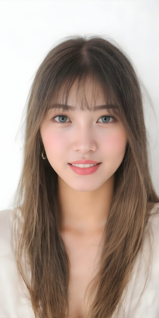 a (((beautiful, thoughtful and expressive cute adult Asian girl))), with (((softly curved long black straight hair, bangs))), natural (looking) light green eyes, and (delicate yet defined cheekbones), poised in a (seductively thoughtful pose) with a ((flawlessly matching set of pearly white teeth)) and elegantly draped ((natural looking)) light sheer draped garments, ((completely covering her front and back, and perfectly shaped to convey a sense of natural beauty)), against a (natural looking, detailed white backdrop), head is centered, her perfect hands plays with her hair