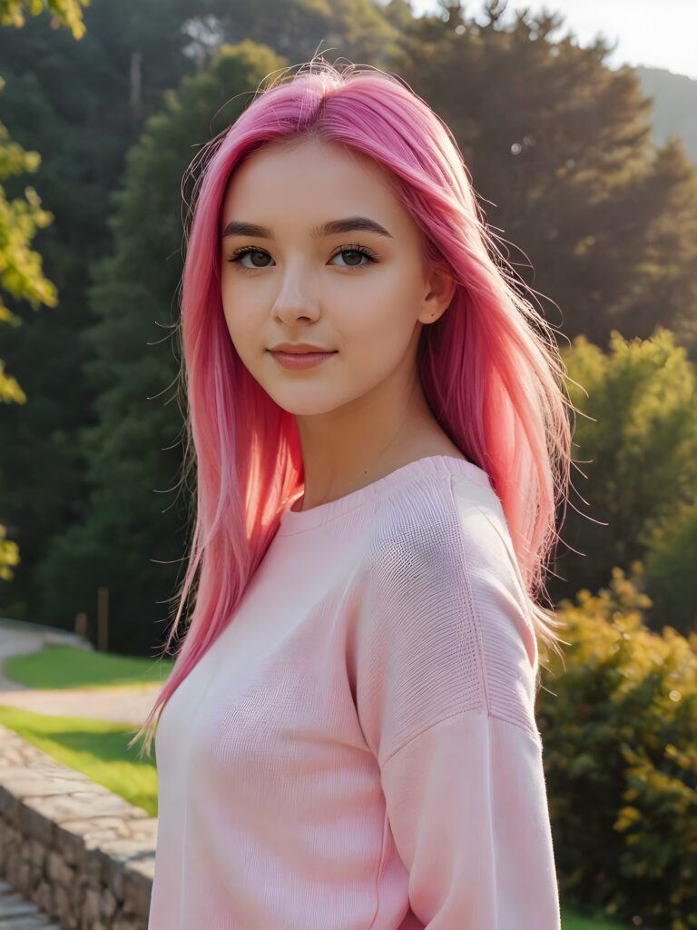 a beautiful (((pretty young teen girl))), with long, silky, shiny straight neon pink hair, wearing a thin, sweater, her hair extends beyond her shoulders, she looks cheerfully at the viewer, perfect curved body, natural backdrop