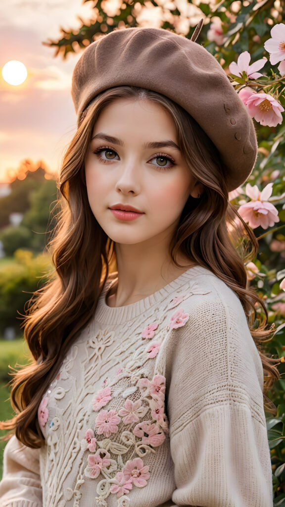 a (((beautiful girl with long, brown hair and gray eyes))), who exudes a distinct (((sharpness))), coupled with (((pale skin))) and (((vividly hued lips))) that curve into a (((wavy hairstyle))), dressed in a (((brown sweater))), a (((charming brown beret))) adorned with delicate, (((pink flowers))) and intricate patterns that reflect the (sunny park) backdrop, sitting calmly as she takes in the (((gorgeous sunset))), with an ethereal (((orange sunset cloud))). The scene radiates warmth and serenity