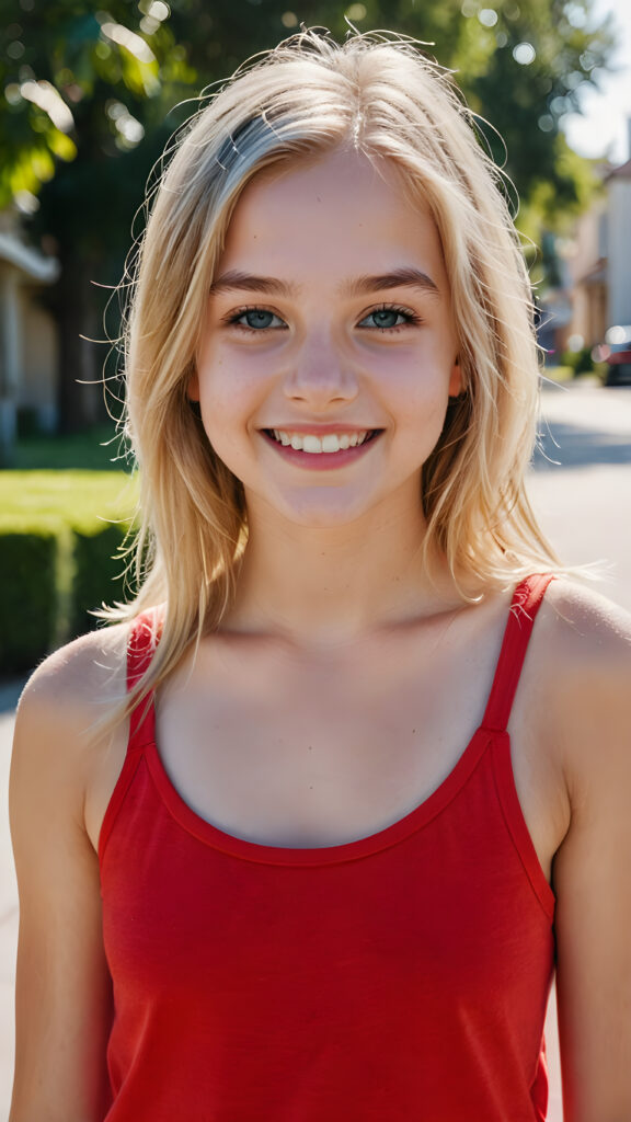 a (((beautiful teenage girl))), 13 years old, long, straight, soft, platinum blond hair, almond-shaped face, big blue eyes, ((delicate)) ((elegant)) ((well-defined)) nose, ((pale)) skin, (((smiling))) with ((perfect teeth)), wearing a ((solid red plain fitness tank top))