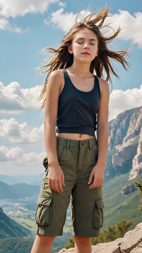 a beautiful (((young teen girl))), age 13, stand on a highest peak of a mountain cliff, ((full body)), (((dressed in a cropped tank top and short cargo pants))), (((her soft hair is flowing in the wind))), (((her eyes are closed))