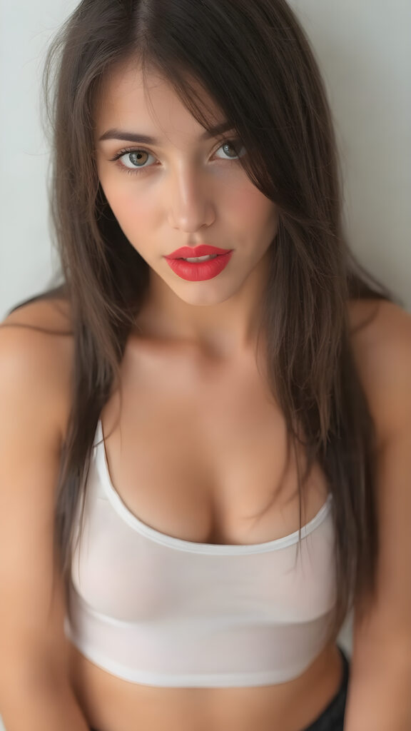 a (((beautiful exotic teen girl))), with long, straight, soft black hair framing her face, which is round and features (full, defined lips) that are painted in (deep red lipstick). She's dressed in a (very thin, short white crop tank top) that looks (perfectly fitted) against her body. The tank top shows off her ((perfect legs)), which are slender and sculpted like a model, paired with (seductively posed feet). She exudes an air of confidence and expertise