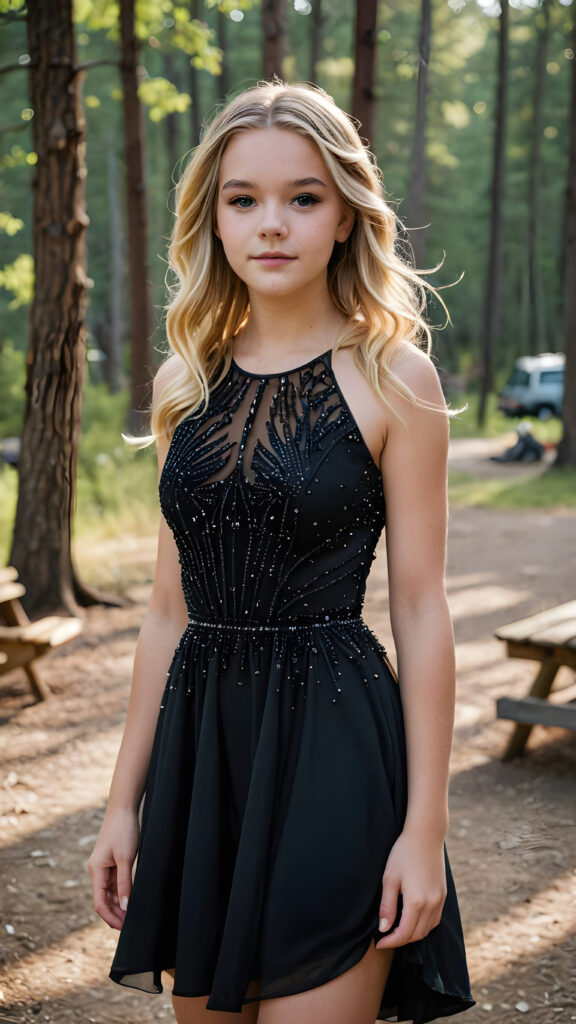 a (((beautiful teen girl))) dressed in a (((black crystal dress))), with flowing locks of blonde hair framing her face, paired with delicate, matchstick black accessories accentuating her hair and dress, against a backdrop of a (rustic campground setting)