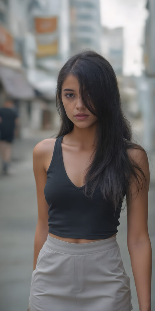 a (((beautiful young teenage girl, perfect curved body))), with flowing, (((soft long straight black hair))). She is dressed in a sleek, (tank top, deep v-neck and a short round mini skirt), photograph, stands in the street