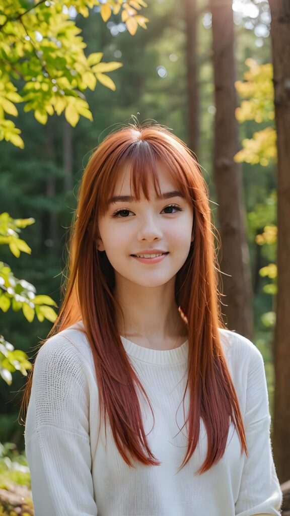 a beautiful (((pretty young teen girl))), with long, silky, shiny straight long neon red hair, bangs cut framing her found face, wearing a thin, white sweater, her hair extends beyond her shoulders, she looks cheerfully at the viewer, perfect curved body, natural backdrop