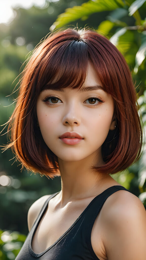 a (((beautiful girl))) with a (((bob cut hair style, bangs))), ((soft straight red hair)), accompanied by (((volumetric lighting))) that bring out the (masterpiece) details, all against a (natural green sunny backdrop) that focuses on the (face) and its intricate, (hyper-realistic) features, captures the essence of (digital art), ((black dressed in an short tank top))