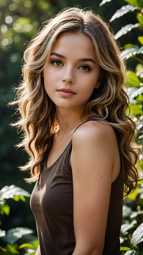 a beautiful (((girl))), with thin but defined figures, dressed in a short, sleeveless, ((dark brown t-shirt)), luxurious, flowing, long, dark blonde waves framing her gently angled face with soft, naturally wavy blonde hair and piercing, brown eyes, set against a backdrop of a (nature-filled) (HD photography) scene, with intricate details and vivid colors that capture the essence of a realistic and natural environment