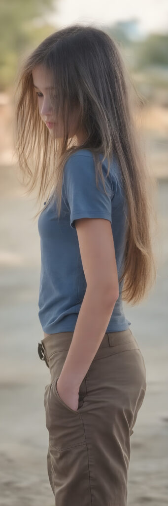 a (((beautiful young girl, perfect body, 15 years old))), with flowing, (((soft long straight brown hair))). (She is dressed in a sleek, ((blue short t-shirt)), long cargo pants), exuding just the right amount of youthful charm, photograph, full body side view