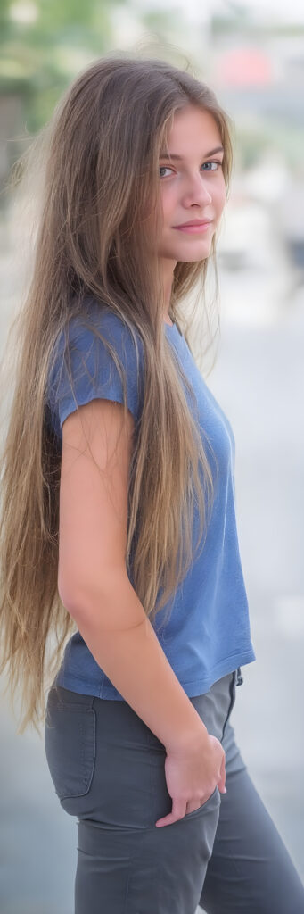 a (((beautiful young girl, perfect body, 15 years old))), with flowing, (((soft long straight brown hair))). (She is dressed in a sleek, ((blue short t-shirt)), long cargo pants), exuding just the right amount of youthful charm, photograph, full body side view, stands in the street