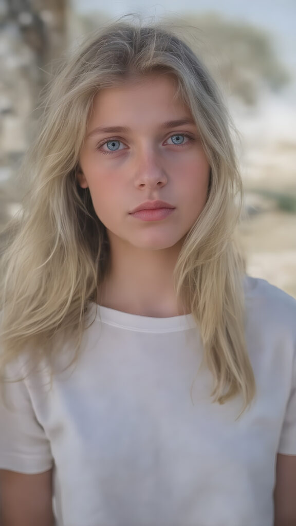 a (((beautiful young teen girl), with pale skin and (((long, high volume open wavy blond hair))), long eyelashes , purple eyes (dressed in a (((white cropped t-shirt))), (((amber eyes))), against a sunny backdrop, full body view