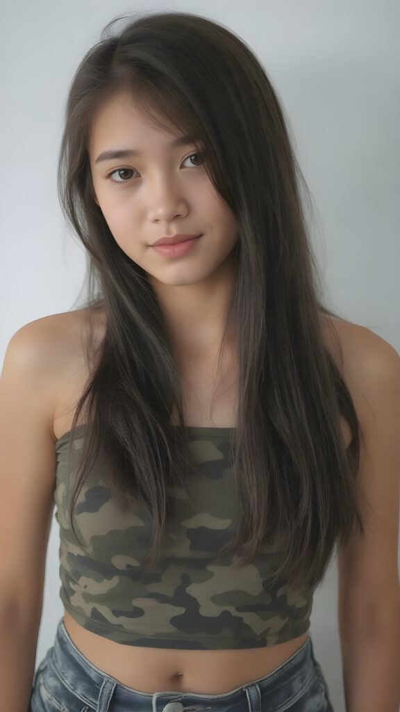 a (((beautiful teen girl, 15 years old))) with a sleek, (((upper body))), straight soft black hair, intricate details like perfect curves and contours popping against an (((empty backdrop))), exuding an (((intoxicating aura))) that draws the eye, capturing essence of both (((cuteness))) and (((staggering beauty))) with long hair and a (((camouflage-colored super short crop top))) that blends into a (((hyper realistic)))